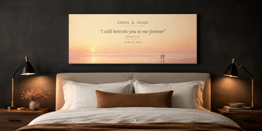 Personalized Hosea 2:19 promise ring canvas with custom couple names and date above the bed in a charcoal bedroom
