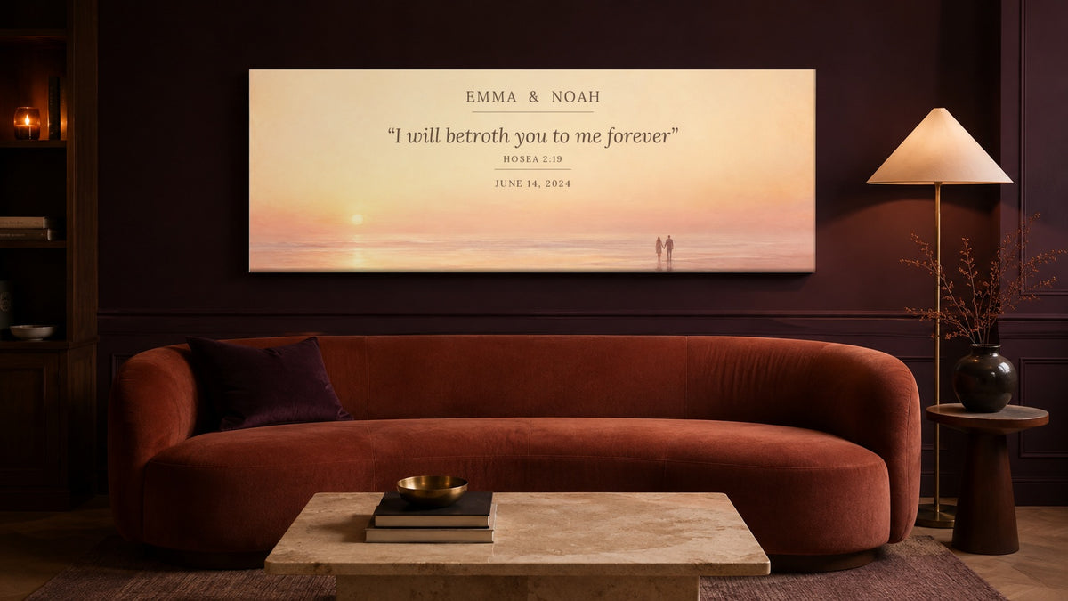 Promise ring couple canvas above a terracotta velvet sofa in a deep plum living room