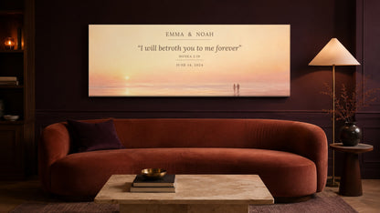 Promise ring couple canvas above a terracotta velvet sofa in a deep plum living room