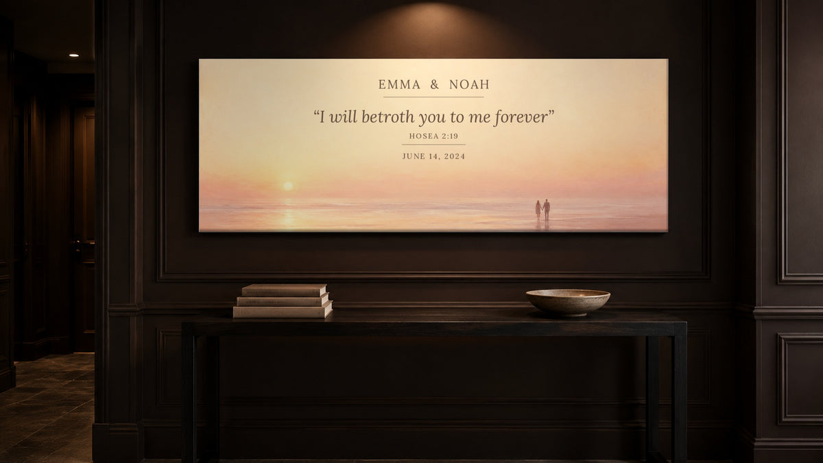 Promise ring couple canvas above a walnut console in an espresso panelled hallway