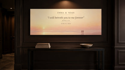 Promise ring couple canvas above a walnut console in an espresso panelled hallway