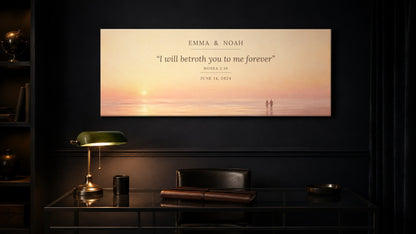 Promise ring couple canvas above a glass desk in a dark ink-blue study