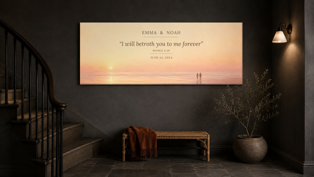 Promise ring couple canvas on a dark slate stair landing beside a rattan bench