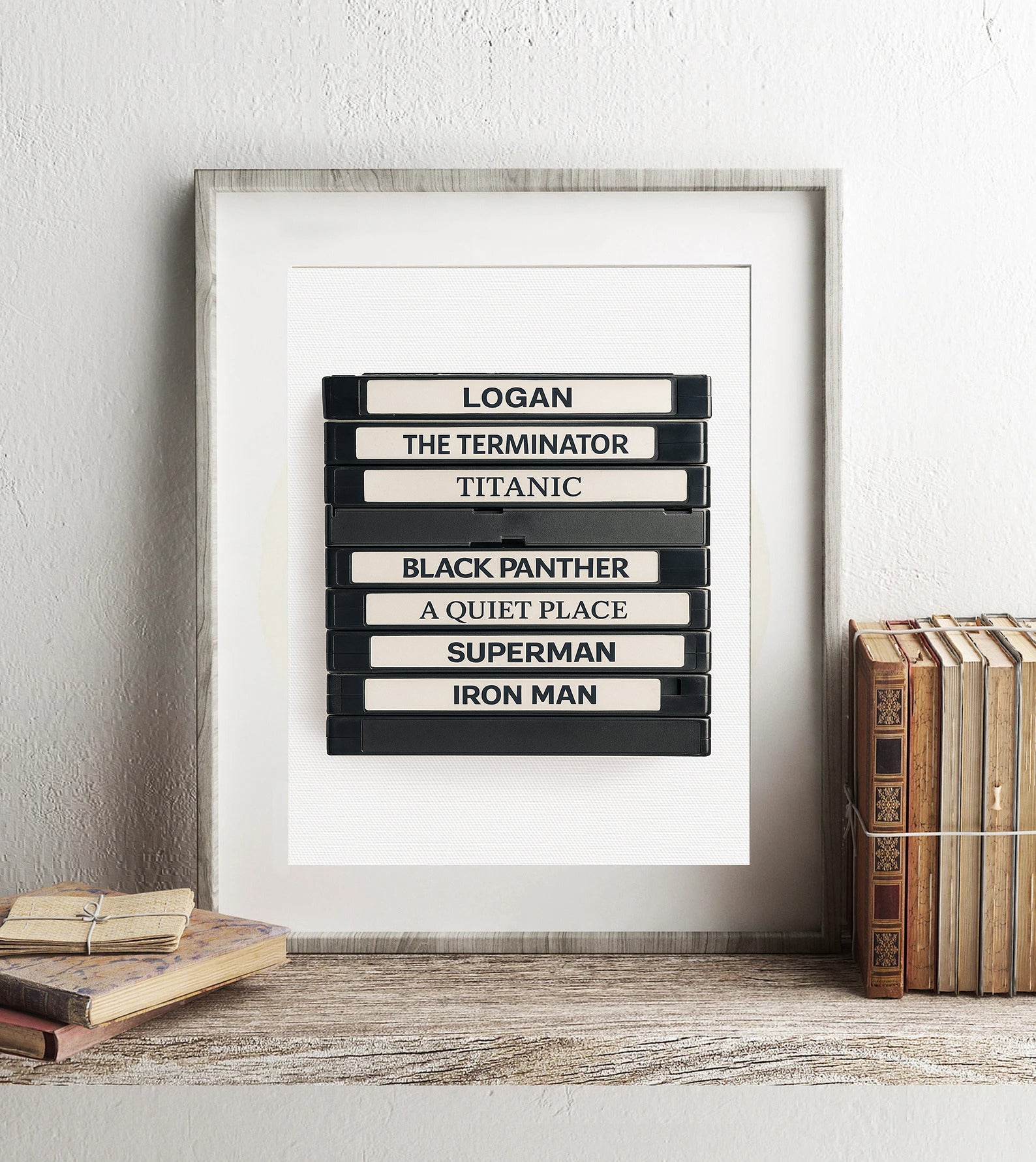 Retro movie tape print custom film titles stack film lover decor VHS artwork gift for movie buffs