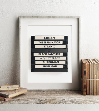 Retro movie tape print custom film titles stack film lover decor VHS artwork gift for movie buffs