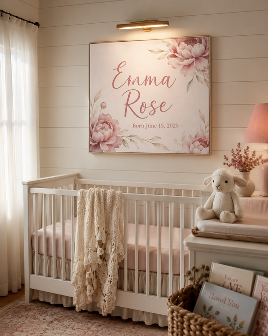Custom Baby Girl Nursery Canvas — Personalized Girl Name Pink Floral Wall Art