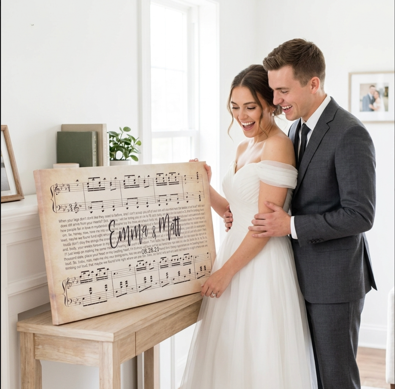 Vintage sheet music personalized song lyrics canvas with wood frame in living room