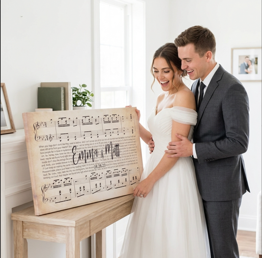 Vintage sheet music personalized song lyrics canvas with wood frame in living room