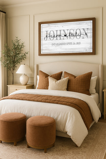 Personalized Family Name Sign with Couple Names & Established Date Rustic Farmhouse Wall Art  Wedding Gift Custom Last Name Canvas