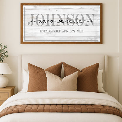 Personalized Family Name Sign with Couple Names & Established Date Rustic Farmhouse Wall Art  Wedding Gift Custom Last Name Canvas