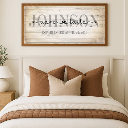 Personalized Family Name Sign with Couple Names & Established Date Rustic Farmhouse Wall Art  Wedding Gift Custom Last Name Canvas