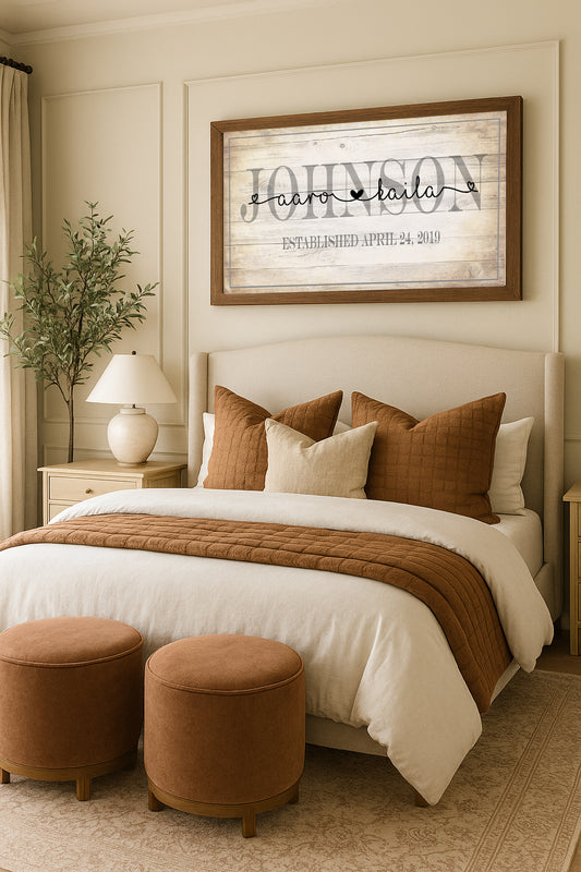Personalized Family Name Sign with Couple Names & Established Date Rustic Farmhouse Wall Art  Wedding Gift Custom Last Name Canvas