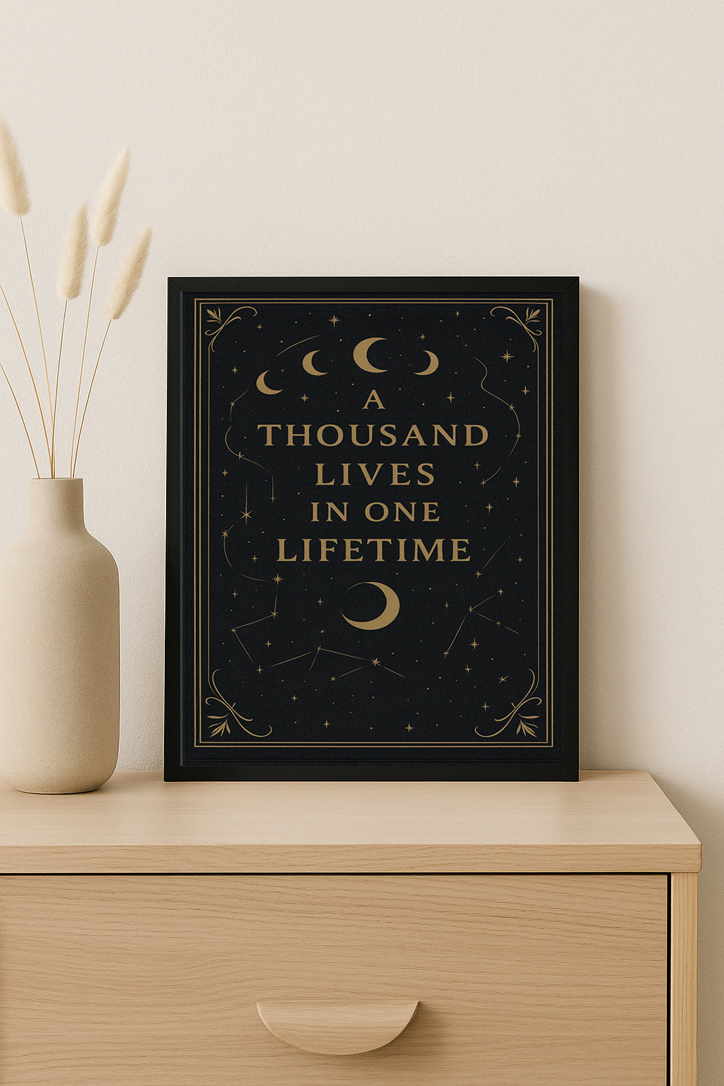 A Thousand Lives in One Lifetime Print  Celestial Book Lover Wall Art  Gold Moon and Stars Literary Poster Book Lover Gift