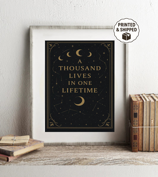 A Thousand Lives in One Lifetime Print  Celestial Book Lover Wall Art  Gold Moon and Stars Literary Poster Book Lover Gift