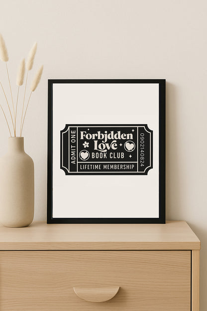 Forbidden Love Book Club Ticket Print  Romantic Bookish Wall Art Reader Decor, Literary Poster Gift Book Club Aesthetic Poster Book Lover Wall Art