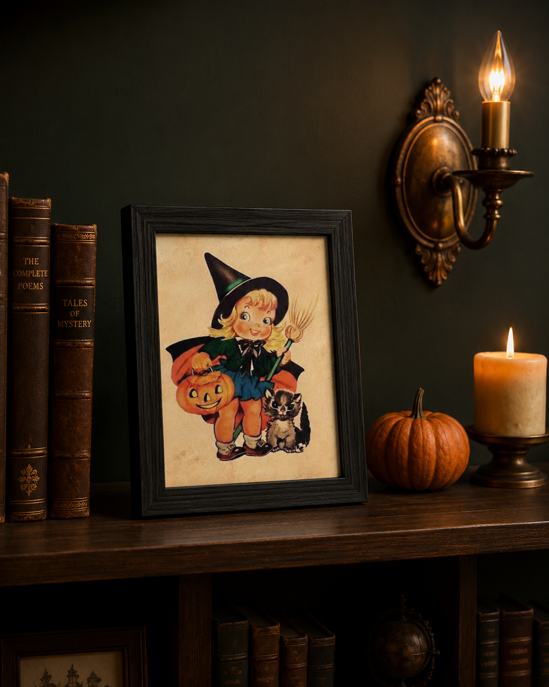 Vintage Halloween young witch 8x10 print framed on moody bookshelf with candle, pumpkin and brass sconce