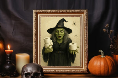 Funny Witch Halloween Art Toilet Paper Witch Print  Quirky Spooky Wall Decor  Gothic Humor Home Decor  Spooky Bathroom Decor