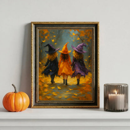 Witch Sisters in the Forest Halloween Wall Art Cozy Fall Witchcore Decor Autumn Witch Painting Spooky Season Print”