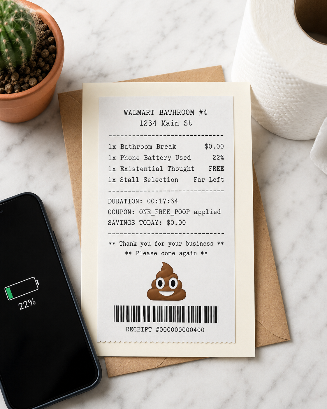 Bathroom Trip Receipt Funny Card