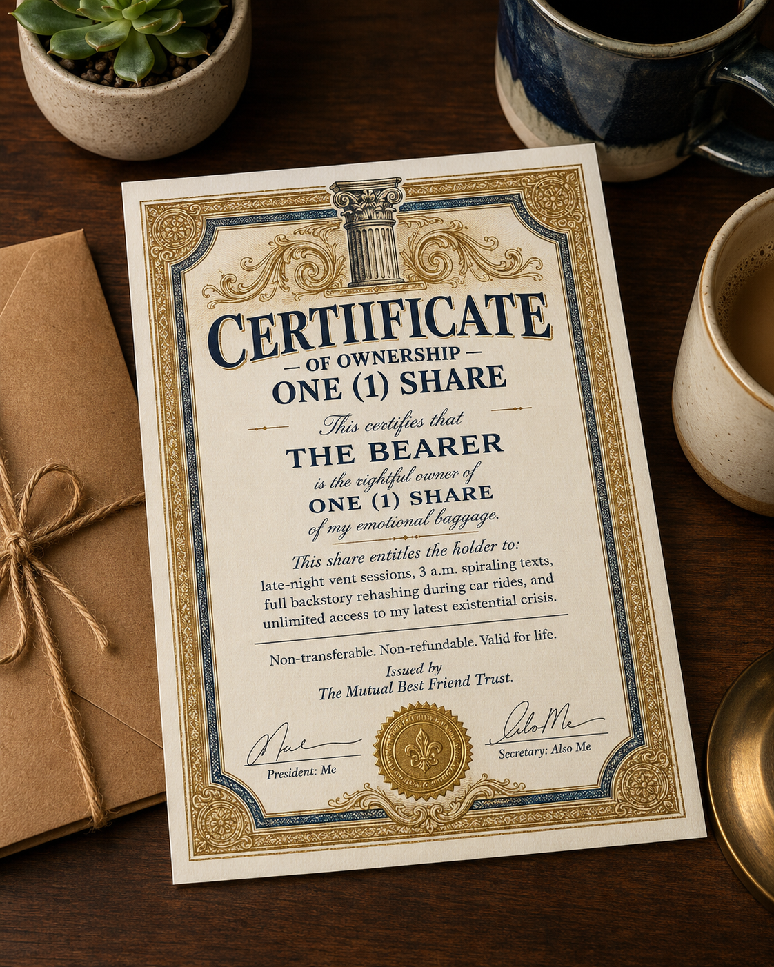 Stock Certificate Emotional Baggage Funny Card