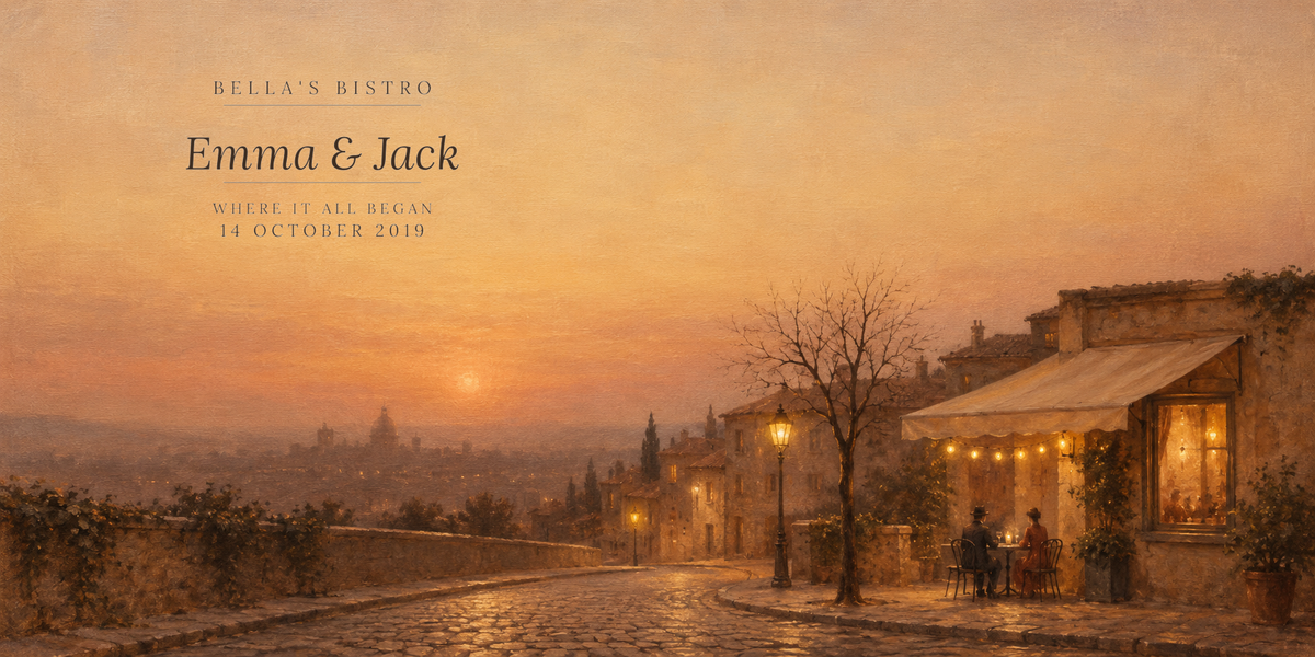 Where We Met panoramic artwork with sample personalization: Bella's Bistro, Emma and Jack, 14 October 2019