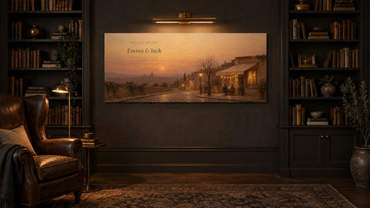Custom Where We Met restaurant canvas in a charcoal home library, sample personalization Bella's Bistro Emma and Jack