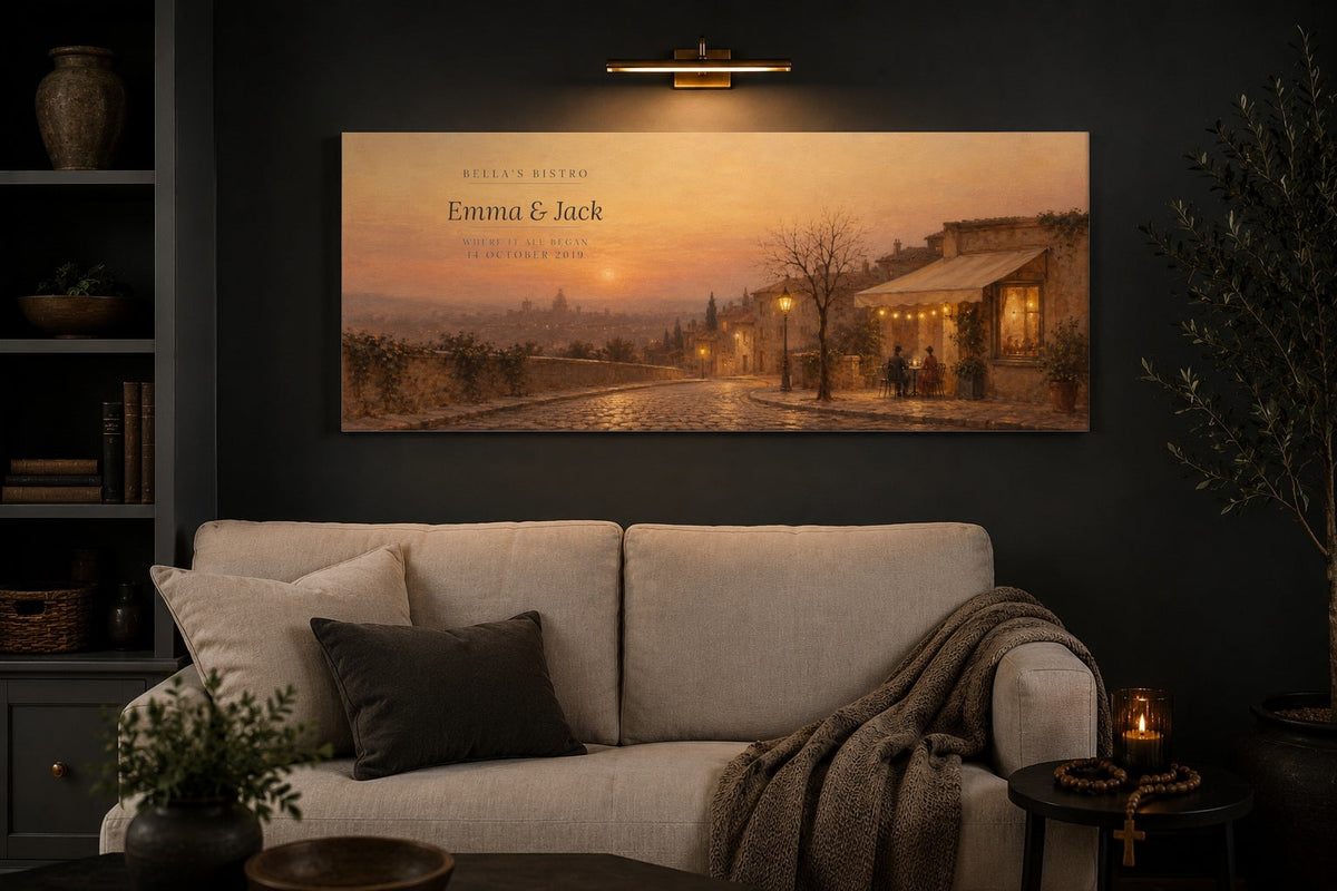 Personalized couples restaurant canvas above a cream linen sofa in a charcoal living room