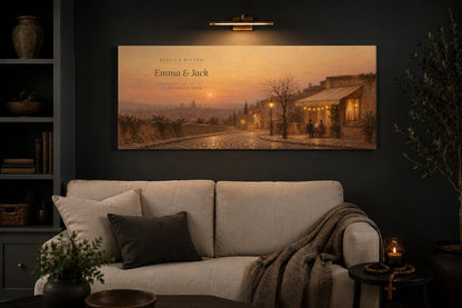 Personalized couples restaurant canvas above a cream linen sofa in a charcoal living room