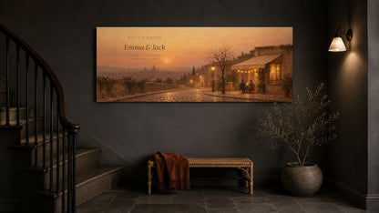 Custom couples meet-cute canvas on a slate stairwell wall