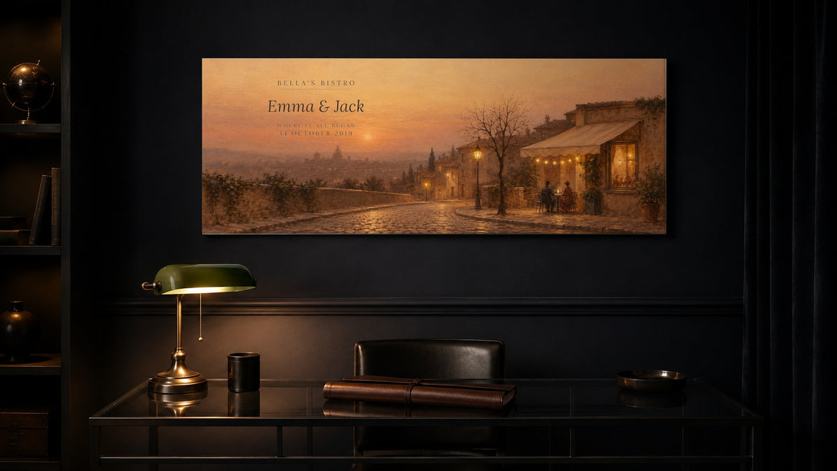 Personalized where we met anniversary canvas in a dark study above a desk