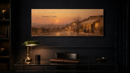Personalized where we met anniversary canvas in a dark study above a desk
