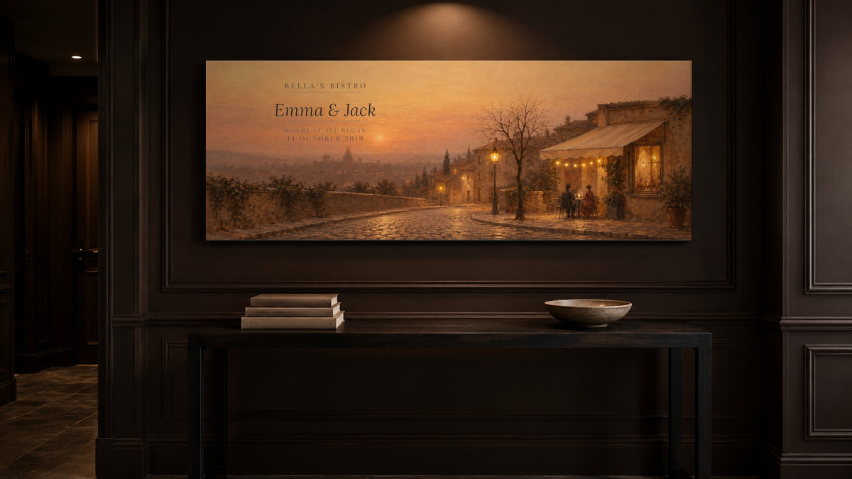 Custom restaurant couples canvas above a console table in a dark panelled hallway