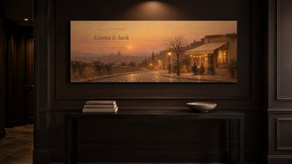 Custom restaurant couples canvas above a console table in a dark panelled hallway