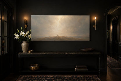 Ascension of Jesus canvas staged in a black entryway with brass sconces