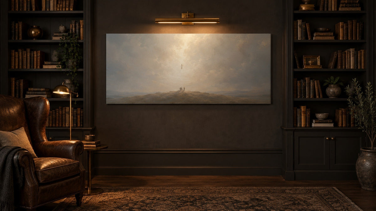 Ascension of Jesus canvas above a leather chair in a charcoal library