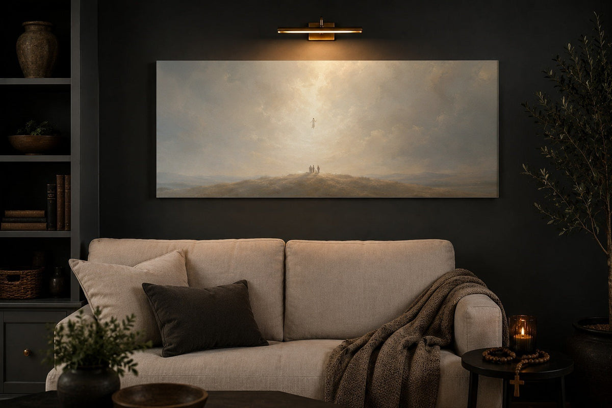 Ascension of Jesus canvas above a cream sofa in a charcoal living room