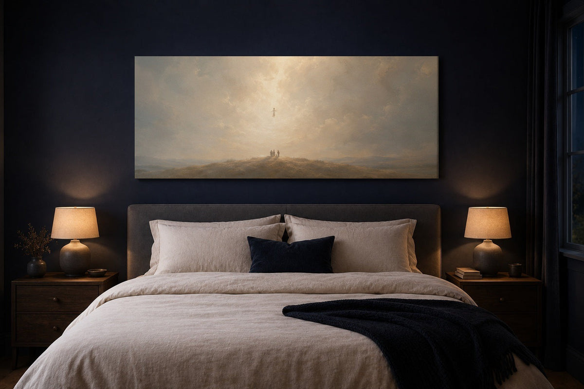 Ascension of Jesus canvas above a bed in a navy bedroom