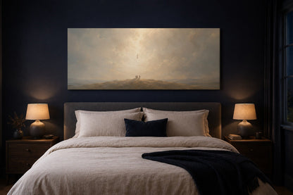 Ascension of Jesus canvas above a bed in a navy bedroom