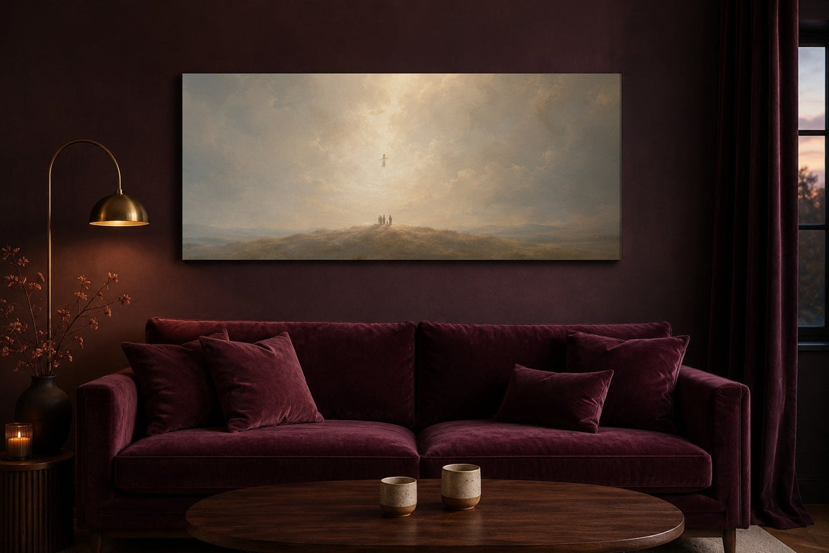 Ascension of Jesus canvas above a plum velvet sofa