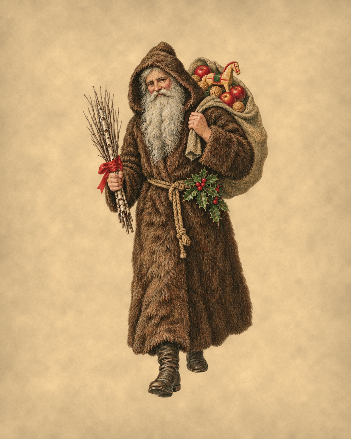 Vintage Belsnickel Christmas print, fur-clad old man with birch switches and a sack of apples and toys, on tea-stained parchment