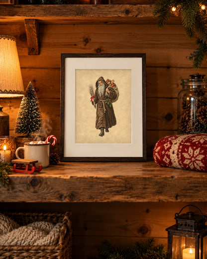 Vintage Belsnickel print on a knotty-pine cabin shelf with cocoa, a bottle-brush tree and a Nordic knit blanket