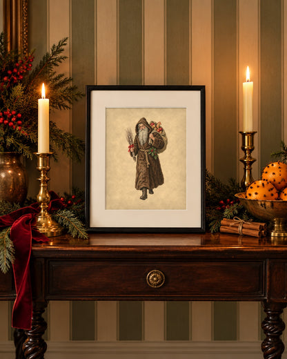 Vintage Belsnickel print on an antique hall table with brass candlesticks and clove-studded oranges against striped wallpaper