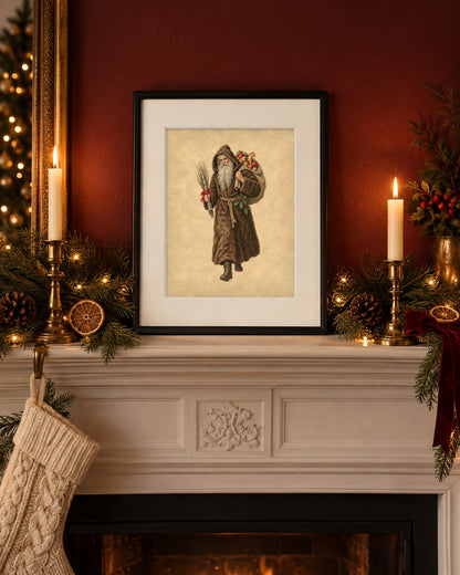 Vintage Belsnickel print in a black frame on a white Christmas mantel with pine garland against an oxblood wall