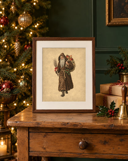 Vintage Belsnickel print in a walnut frame on a pine side table beside a lit Christmas tree and kraft-wrapped gifts