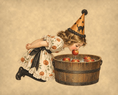 Vintage Halloween bobbing for apples print, Victorian girl in a black cat party hat leaning over an apple tub on tea-stained parchment