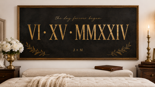 Custom Roman Numeral Anniversary Date Canvas — Black Gold Wedding Date Wall Art for Master Bedroom by AmourPrint