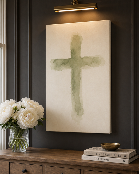 Watercolor Sage Cross Minimalist Christian Canvas Wall Art