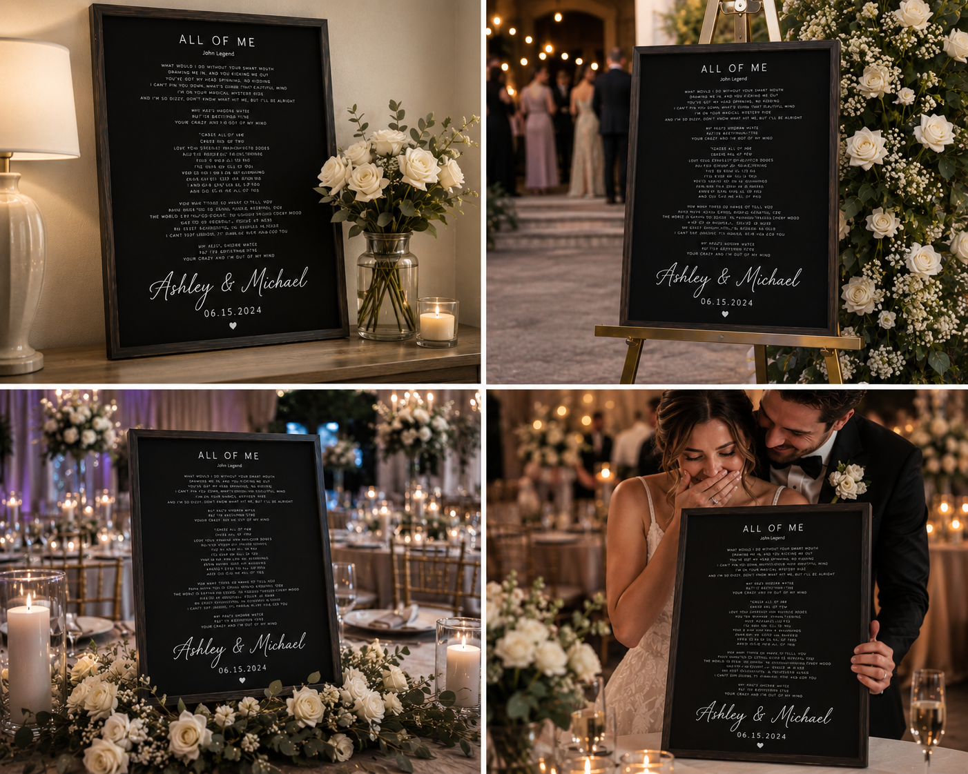 Anniversary couple holding song lyrics canvas tearfully, decades married