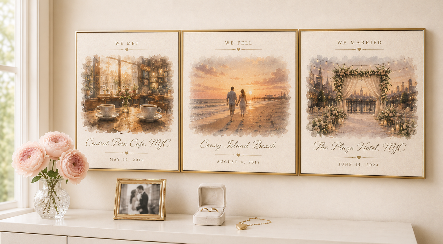 We Met We Fell We Married Triptych Canvas