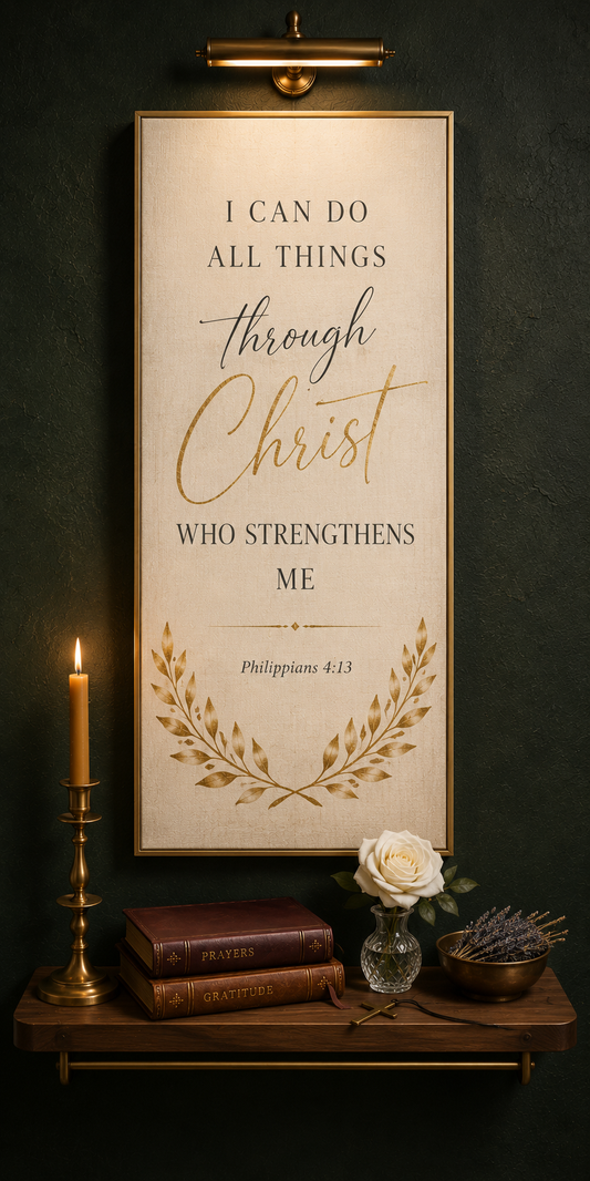 Philippians 4:13 I Can Do All Things Bible verse canvas with gold script on black